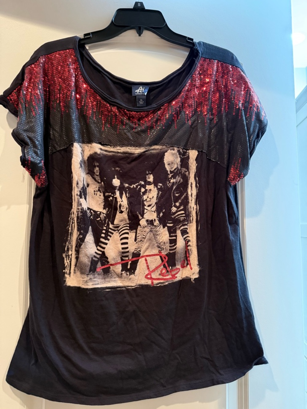 Authentic Icon Girls Black Short-Sleeve Tee with Red Sequin Yoke